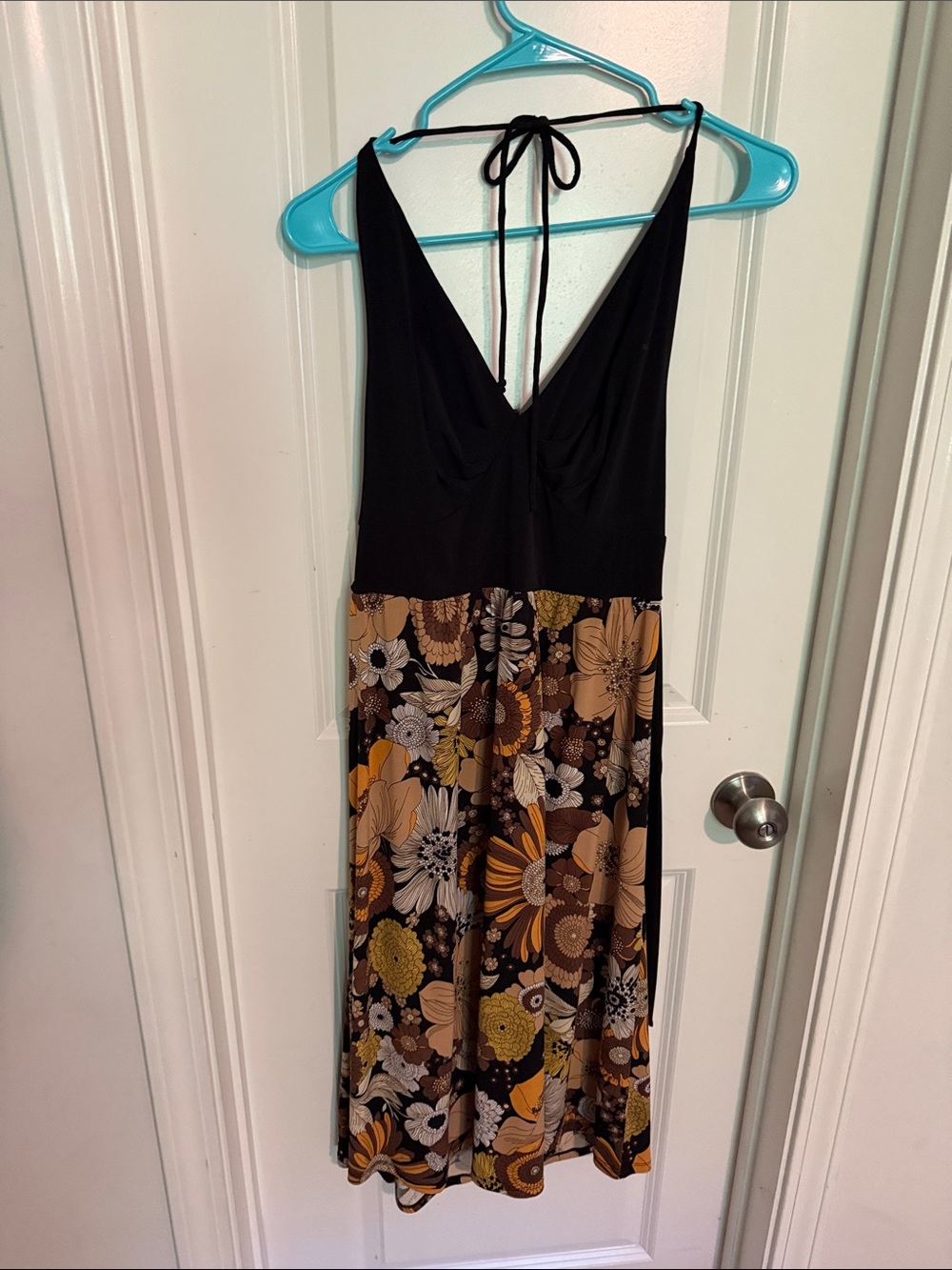 Roulette Black Halter Floral Midi Dress with Brown and Mustard Accents